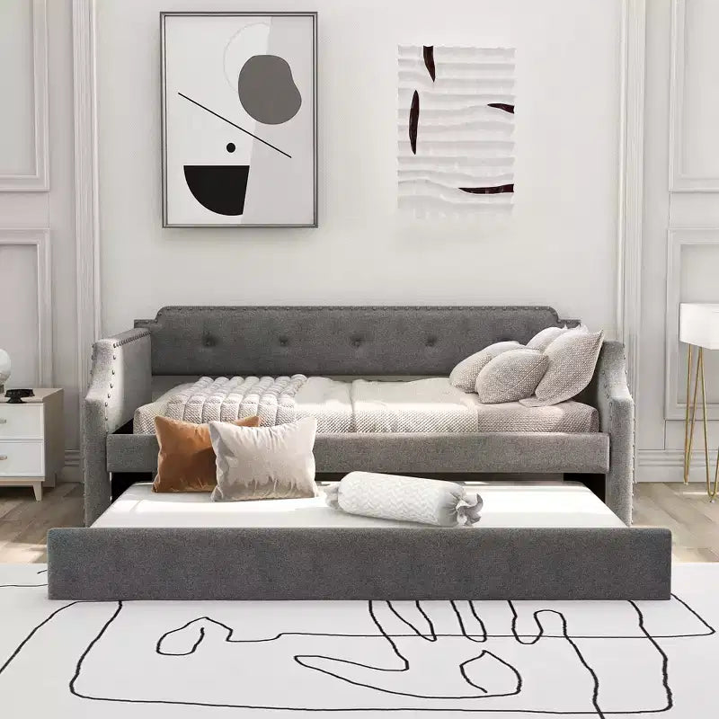 Whisen Twin Size Upholstered Daybed with Trundle, Wood Slat Support, Upholstered Frame Sofa Bed