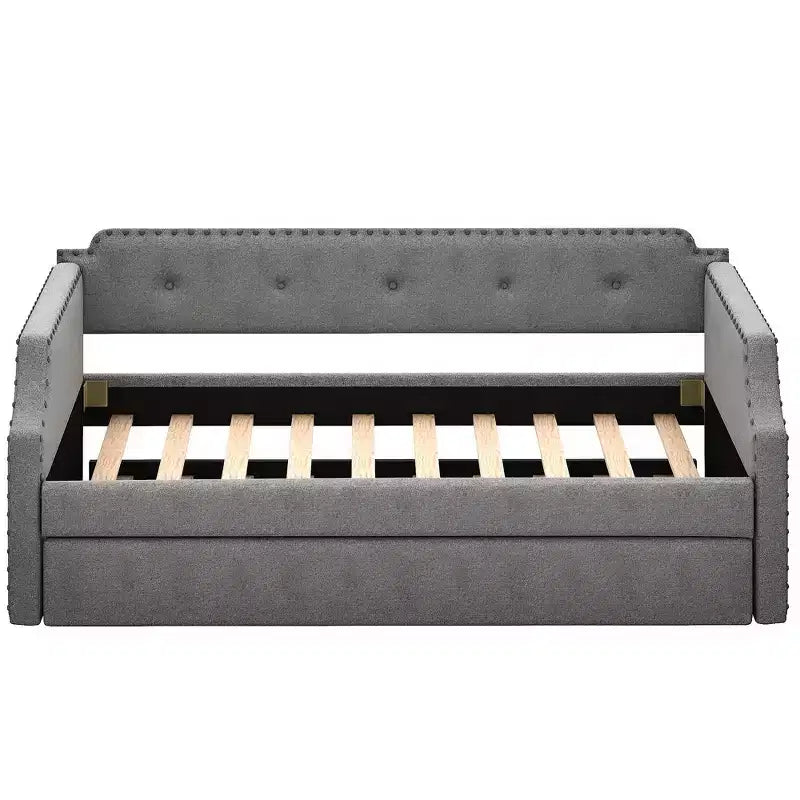 Whisen Twin Size Upholstered Daybed with Trundle, Wood Slat Support, Upholstered Frame Sofa Bed