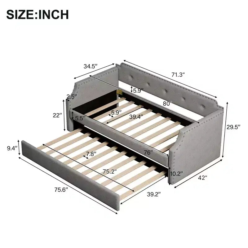 Whisen Twin Size Upholstered Daybed with Trundle, Wood Slat Support, Upholstered Frame Sofa Bed