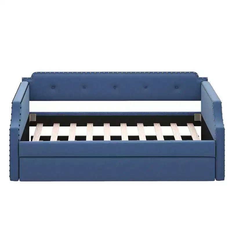 Whisen Twin Size Upholstered Daybed with Trundle, Wood Slat Support, Upholstered Frame Sofa Bed