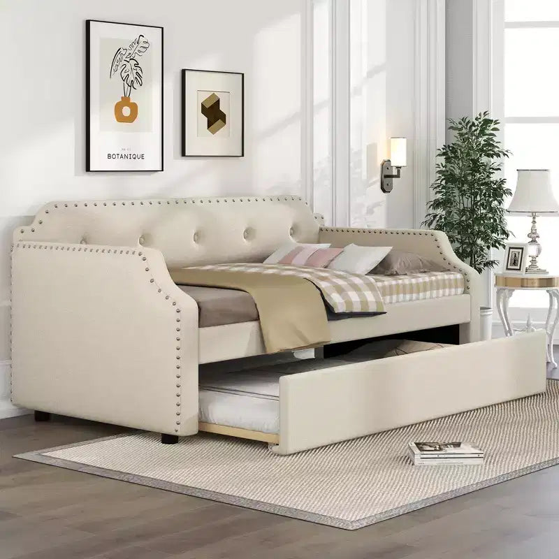 Whisen Twin Size Upholstered Daybed with Trundle, Wood Slat Support, Upholstered Frame Sofa Bed