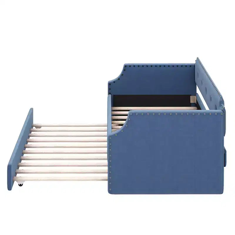 Whisen Twin Size Upholstered Daybed with Trundle, Wood Slat Support, Upholstered Frame Sofa Bed