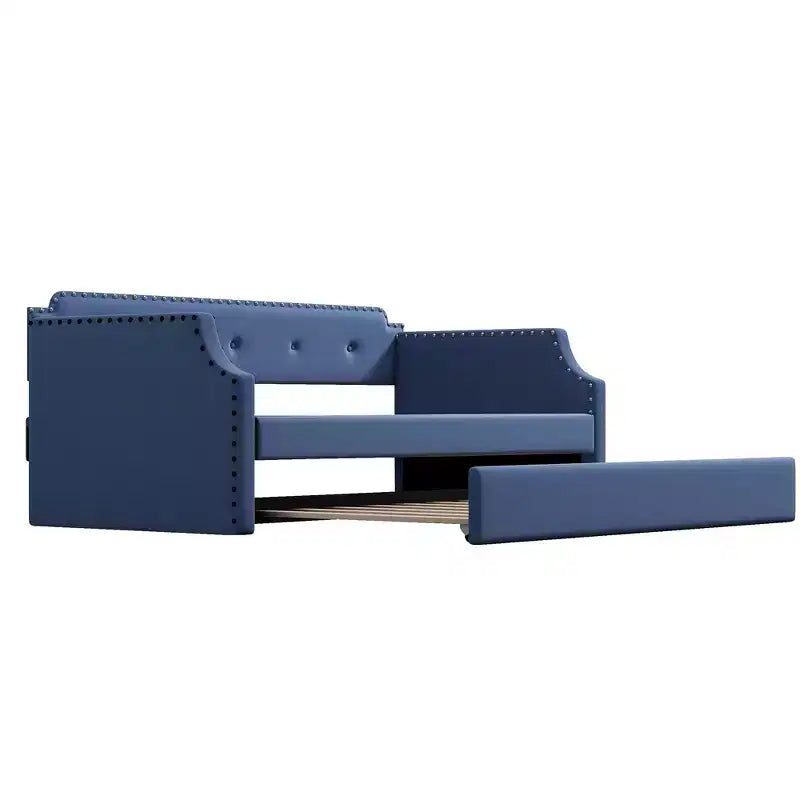 Whisen Twin Size Upholstered Daybed with Trundle, Wood Slat Support, Upholstered Frame Sofa Bed