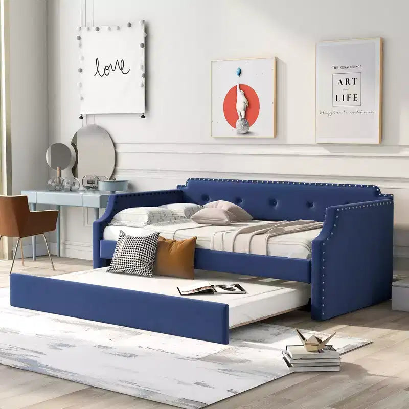 Whisen Twin Size Upholstered Daybed with Trundle, Wood Slat Support, Upholstered Frame Sofa Bed