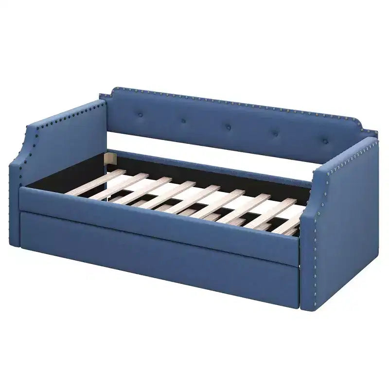 Whisen Twin Size Upholstered Daybed with Trundle, Wood Slat Support, Upholstered Frame Sofa Bed