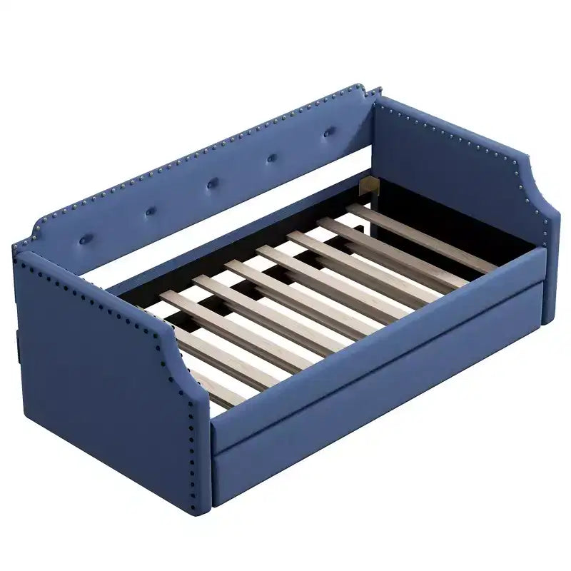 Whisen Twin Size Upholstered Daybed with Trundle, Wood Slat Support, Upholstered Frame Sofa Bed