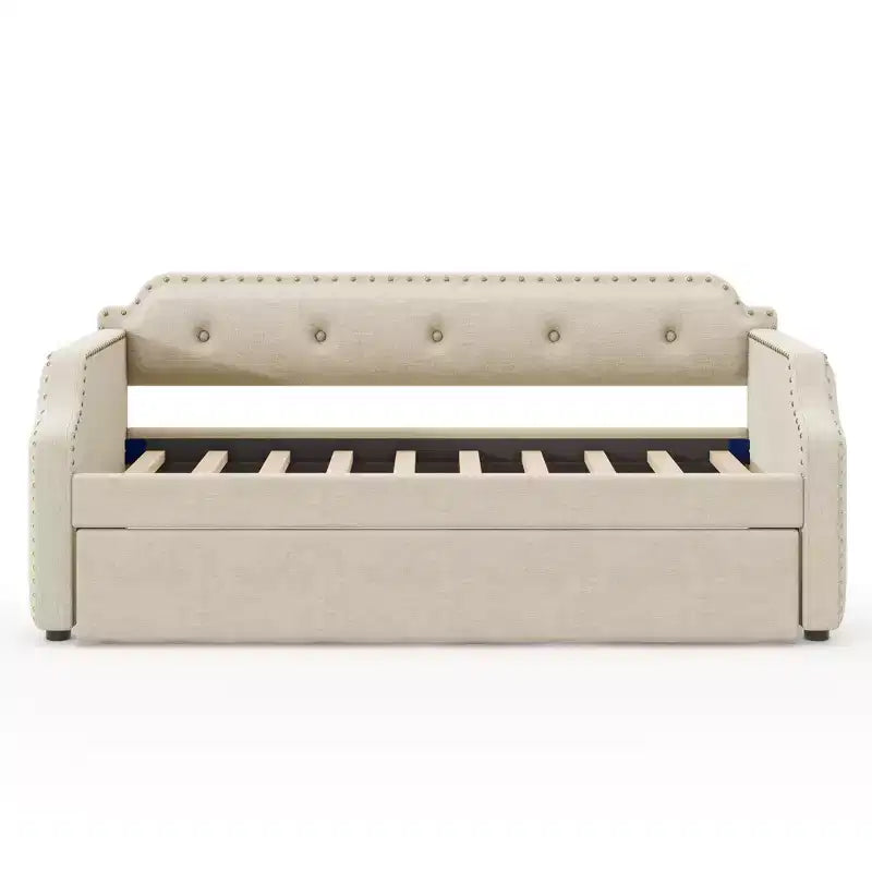 Whisen Twin Size Upholstered Daybed with Trundle, Wood Slat Support, Upholstered Frame Sofa Bed