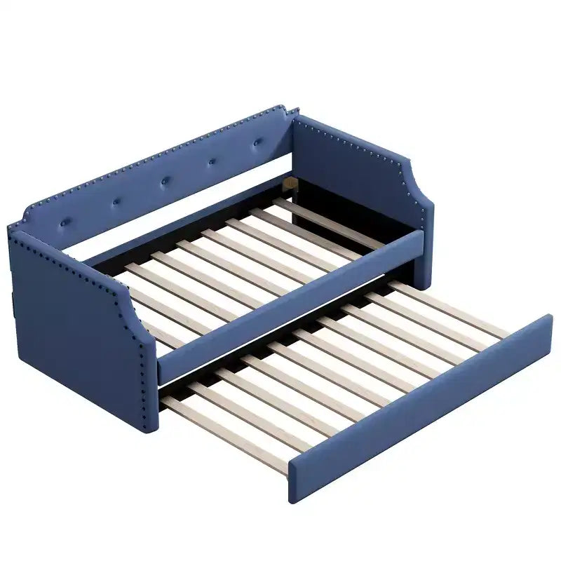 Whisen Twin Size Upholstered Daybed with Trundle, Wood Slat Support, Upholstered Frame Sofa Bed