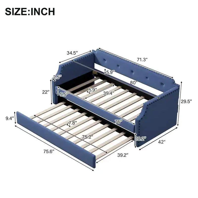 Whisen Twin Size Upholstered Daybed with Trundle, Wood Slat Support, Upholstered Frame Sofa Bed