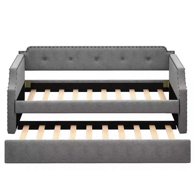 Whisen Twin Size Upholstered Daybed with Trundle, Wood Slat Support, Upholstered Frame Sofa Bed