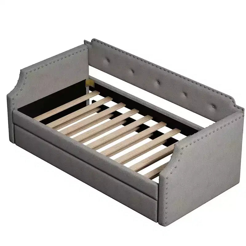 Whisen Twin Size Upholstered Daybed with Trundle, Wood Slat Support, Upholstered Frame Sofa Bed