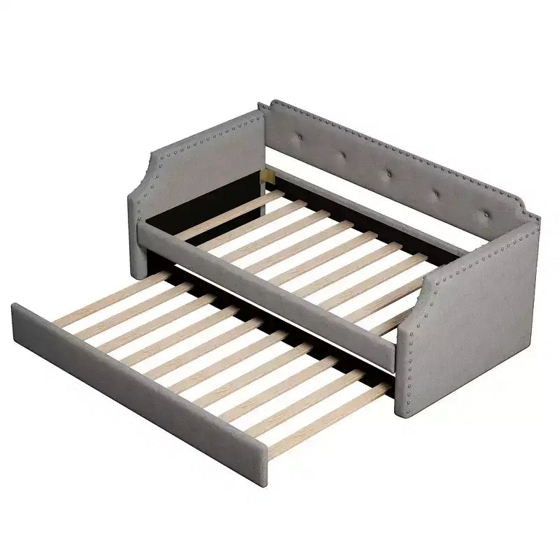 Whisen Twin Size Upholstered Daybed with Trundle, Wood Slat Support, Upholstered Frame Sofa Bed