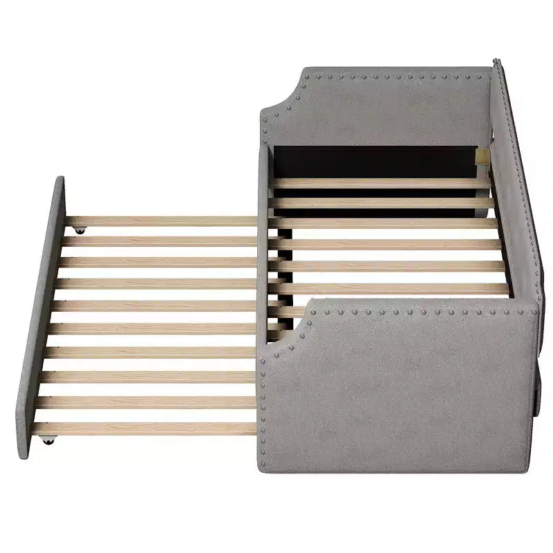 Whisen Twin Size Upholstered Daybed with Trundle, Wood Slat Support, Upholstered Frame Sofa Bed