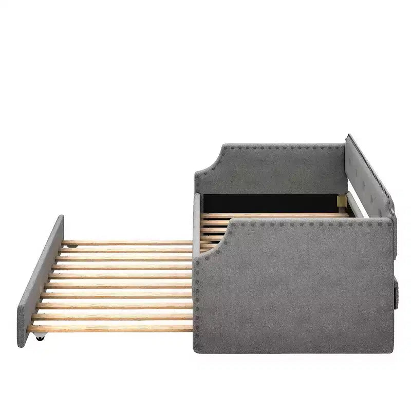 Whisen Twin Size Upholstered Daybed with Trundle, Wood Slat Support, Upholstered Frame Sofa Bed