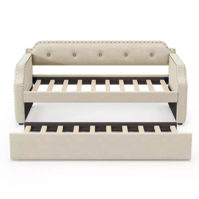 Whisen Twin Size Upholstered Daybed with Trundle, Wood Slat Support, Upholstered Frame Sofa Bed