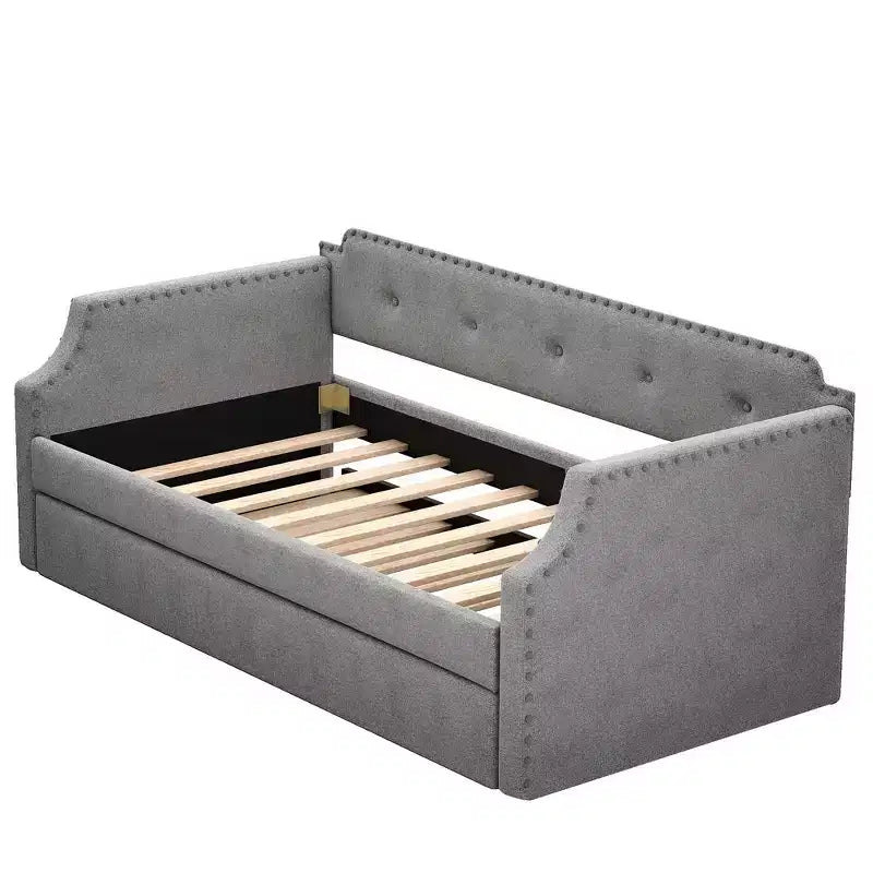 Whisen Twin Size Upholstered Daybed with Trundle, Wood Slat Support, Upholstered Frame Sofa Bed