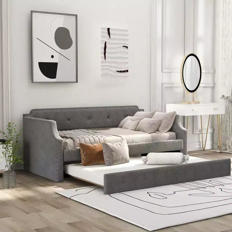 Whisen Twin Size Upholstered Daybed with Trundle, Wood Slat Support, Upholstered Frame Sofa Bed