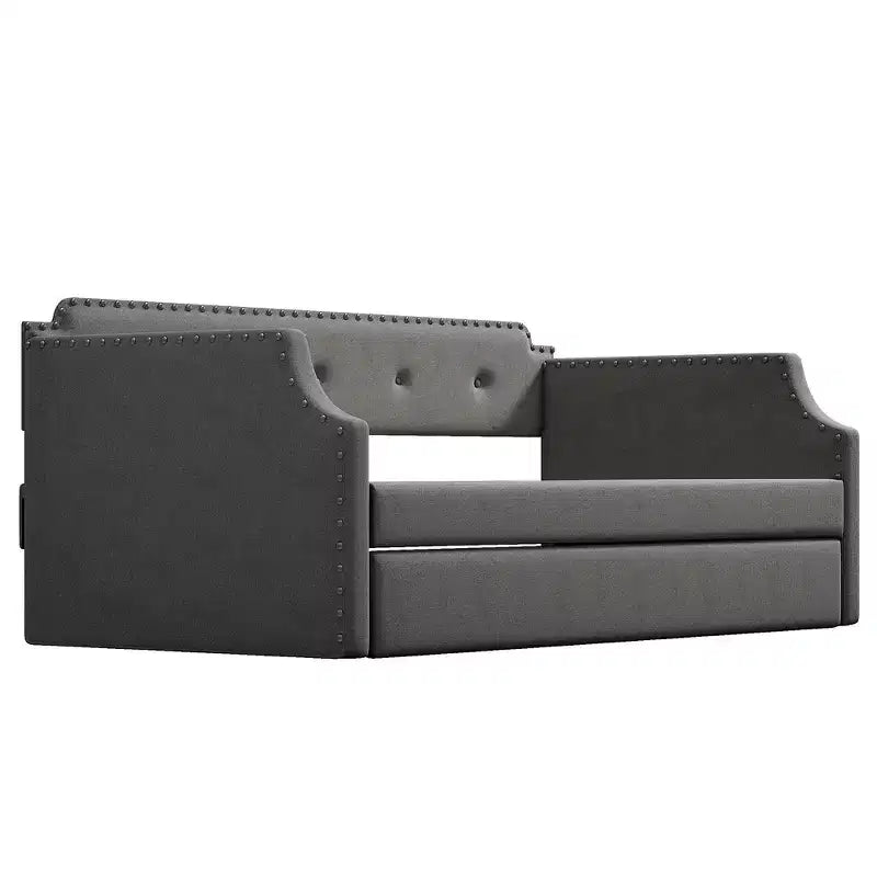 Whisen Twin Size Upholstered Daybed with Trundle, Wood Slat Support, Upholstered Frame Sofa Bed