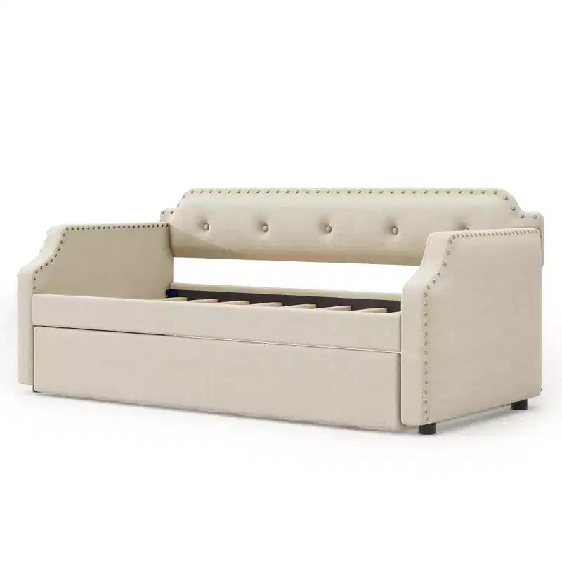 Whisen Twin Size Upholstered Daybed with Trundle, Wood Slat Support, Upholstered Frame Sofa Bed