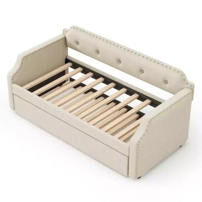 Whisen Twin Size Upholstered Daybed with Trundle, Wood Slat Support, Upholstered Frame Sofa Bed