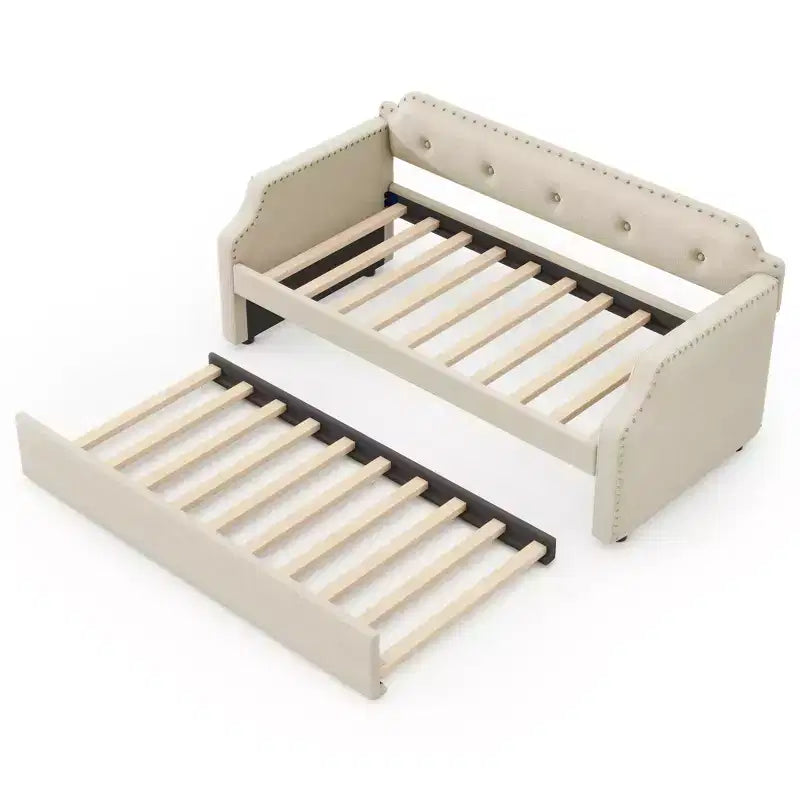 Whisen Twin Size Upholstered Daybed with Trundle, Wood Slat Support, Upholstered Frame Sofa Bed
