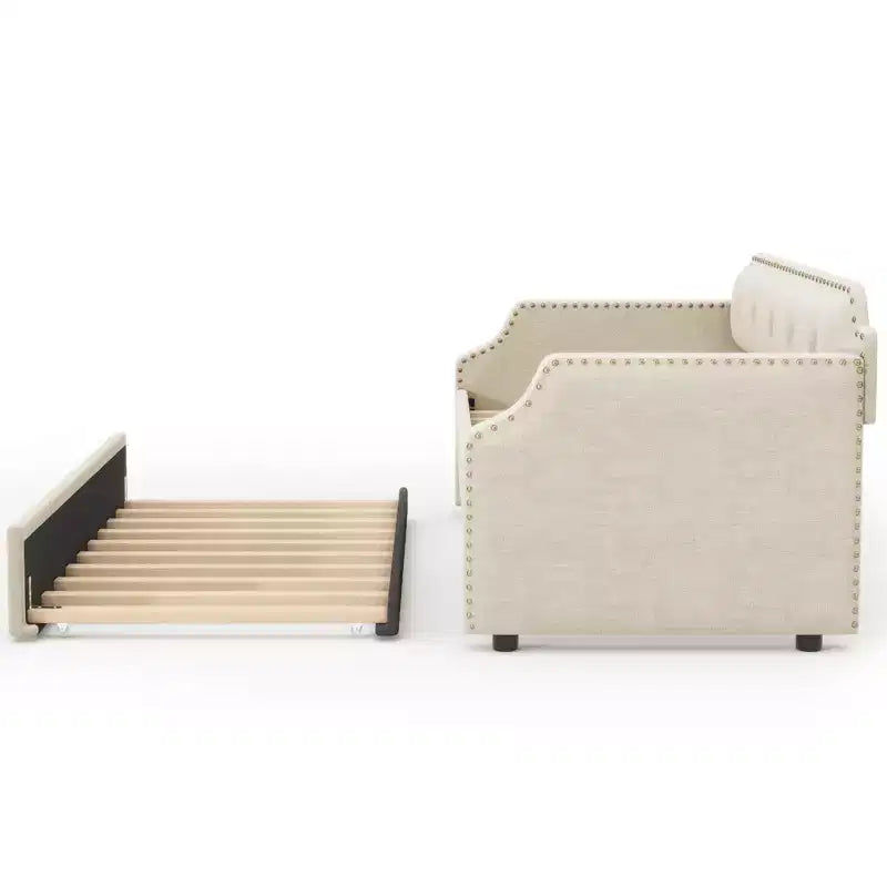 Whisen Twin Size Upholstered Daybed with Trundle, Wood Slat Support, Upholstered Frame Sofa Bed