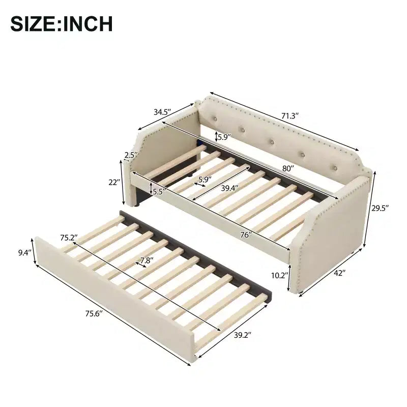 Whisen Twin Size Upholstered Daybed with Trundle, Wood Slat Support, Upholstered Frame Sofa Bed