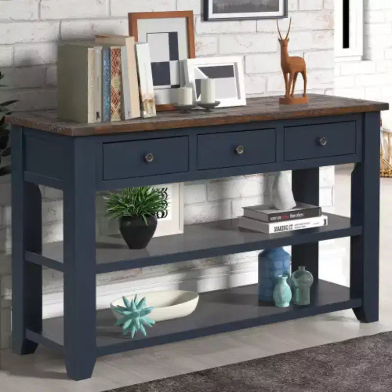 Robust Pine Wood Console Table, Contemporary Entry & Sofa-End Table with Three Drawers and Two Shelves, Simple Assembly
