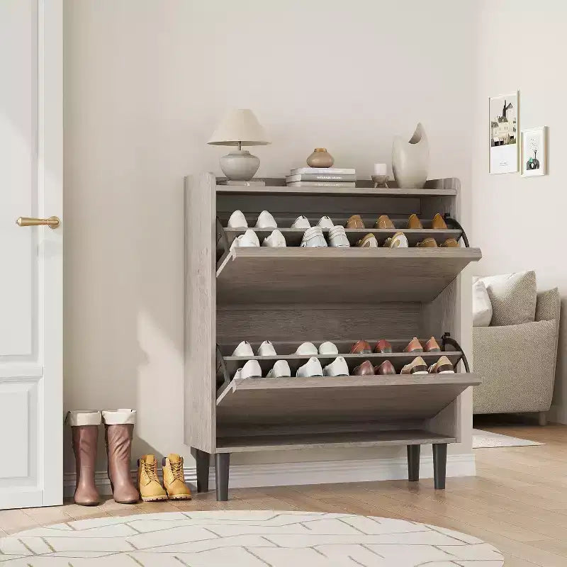 Wooden Shoe Cabinet with 2 Flip Drawers and Adjustable Shelf, Shoe Storage for Entryway, Hidden Shoe Cabinet for Hallway, Living Room, Grey
