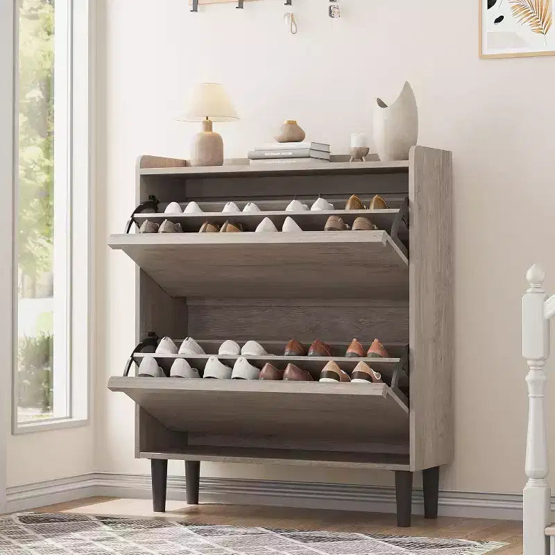 Wooden Shoe Cabinet with 2 Flip Drawers and Adjustable Shelf, Shoe Storage for Entryway, Hidden Shoe Cabinet for Hallway, Living Room, Grey