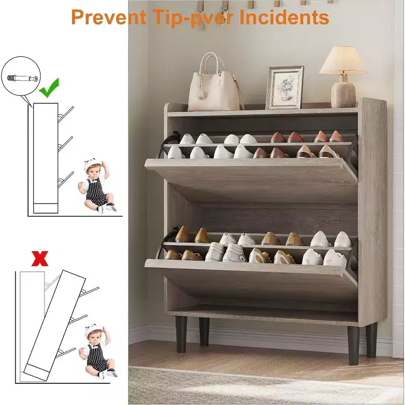 Wooden Shoe Cabinet with 2 Flip Drawers and Adjustable Shelf, Shoe Storage for Entryway, Hidden Shoe Cabinet for Hallway, Living Room, Grey