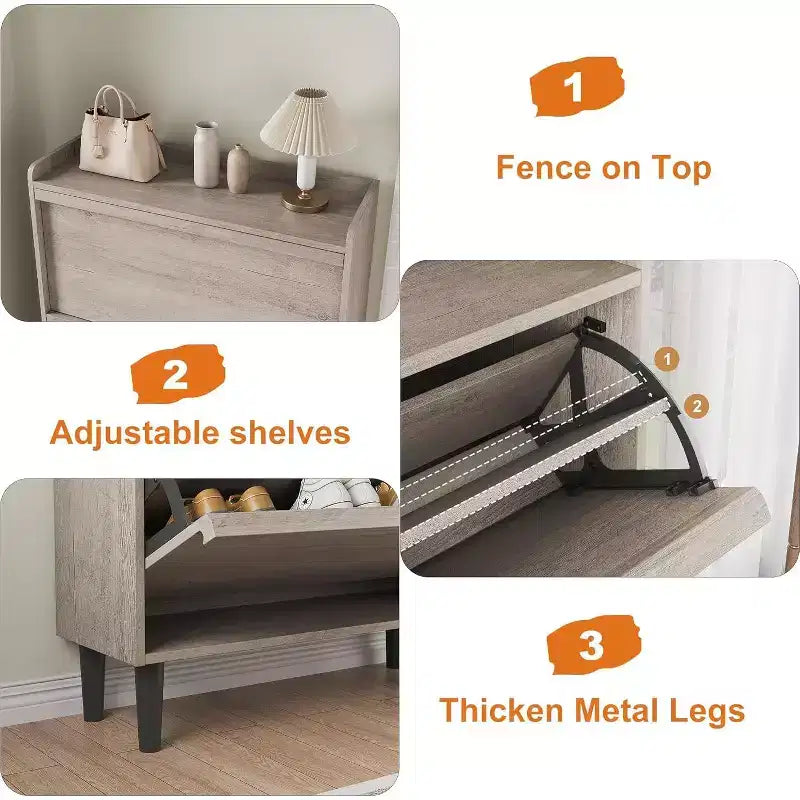 Wooden Shoe Cabinet with 2 Flip Drawers and Adjustable Shelf, Shoe Storage for Entryway, Hidden Shoe Cabinet for Hallway, Living Room, Grey