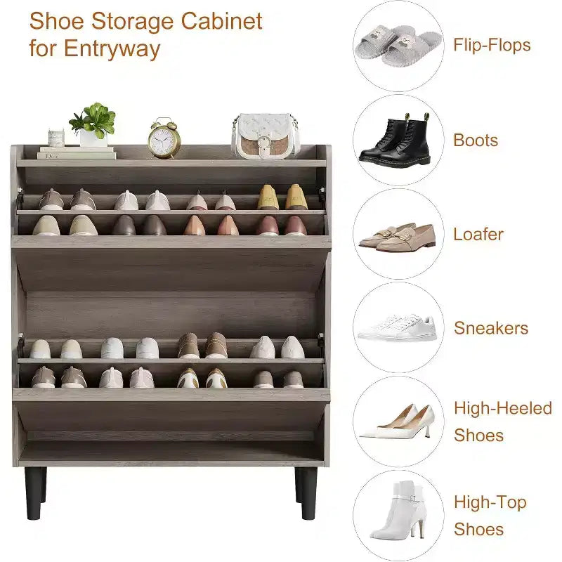 Wooden Shoe Cabinet with 2 Flip Drawers and Adjustable Shelf, Shoe Storage for Entryway, Hidden Shoe Cabinet for Hallway, Living Room, Grey