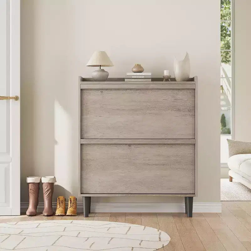Wooden Shoe Cabinet with 2 Flip Drawers and Adjustable Shelf, Shoe Storage for Entryway, Hidden Shoe Cabinet for Hallway, Living Room, Grey
