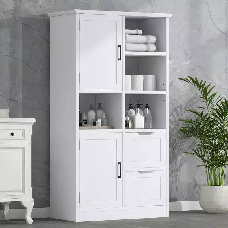 Whisen White Bathroom Storage Cabinet, Freestanding Style Cabinet with Multiple Storage Space and Open Shelf