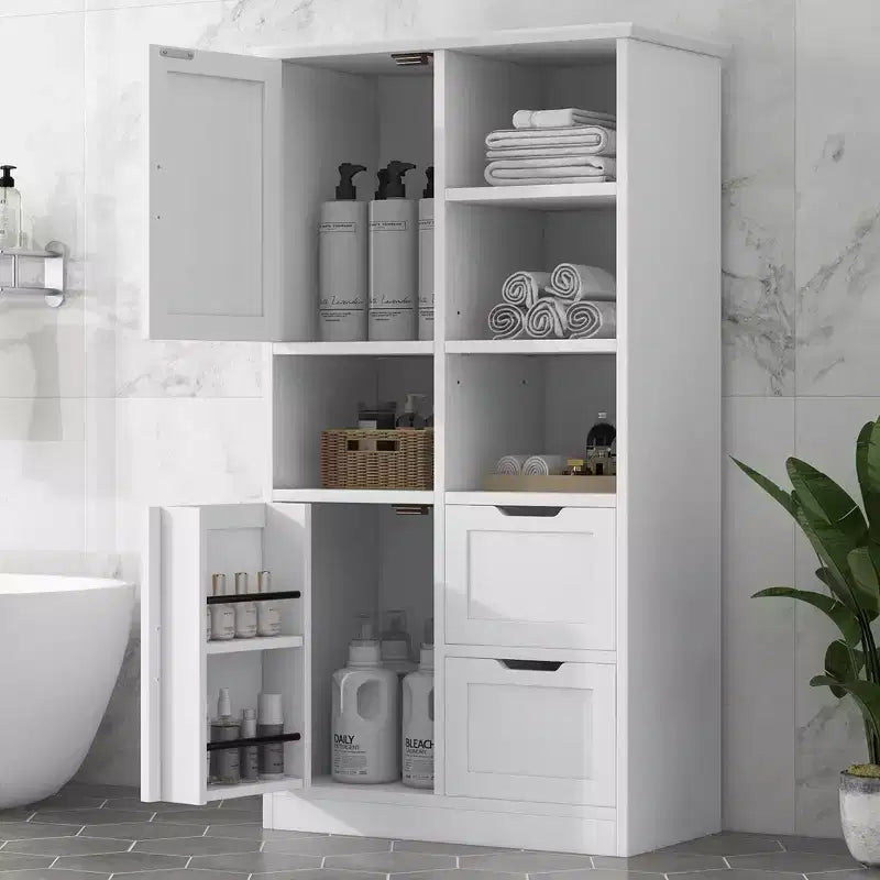 Whisen White Bathroom Storage Cabinet, Freestanding Style Cabinet with Multiple Storage Space and Open Shelf