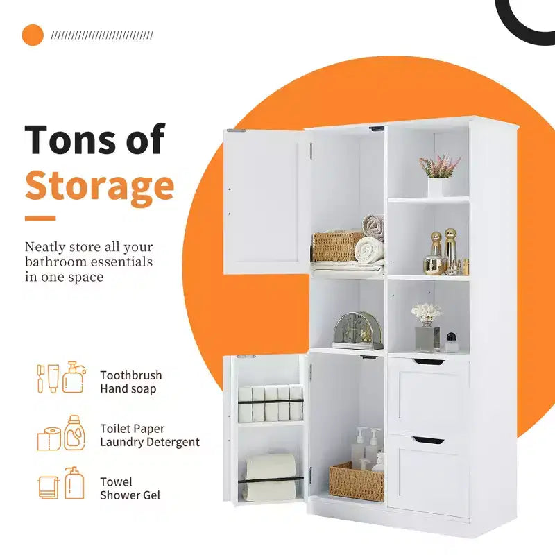 Whisen White Bathroom Storage Cabinet, Freestanding Style Cabinet with Multiple Storage Space and Open Shelf
