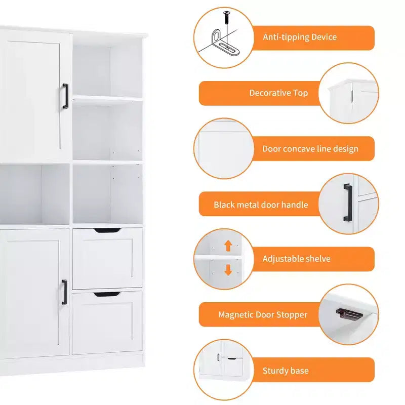 Whisen White Bathroom Storage Cabinet, Freestanding Style Cabinet with Multiple Storage Space and Open Shelf