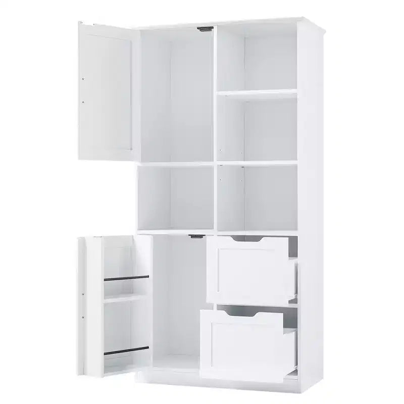 Whisen White Bathroom Storage Cabinet, Freestanding Style Cabinet with Multiple Storage Space and Open Shelf