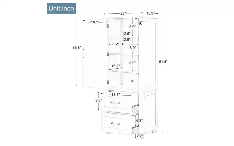 Whisen Tall Bathroom Storage Cabinet, Freestanding Storage Cabinet with Two Drawers and Adjustable Shelf
