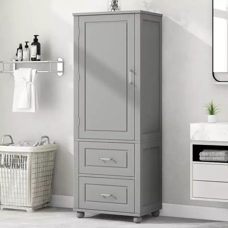 Whisen Tall Bathroom Storage Cabinet, Freestanding Storage Cabinet with Two Drawers and Adjustable Shelf