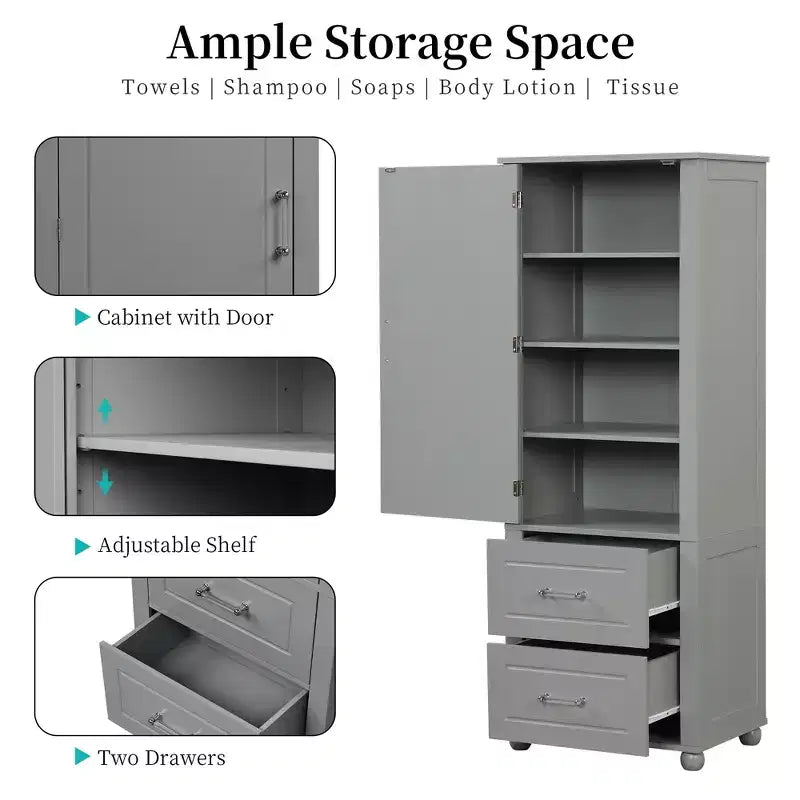 Whisen Tall Bathroom Storage Cabinet, Freestanding Storage Cabinet with Two Drawers and Adjustable Shelf