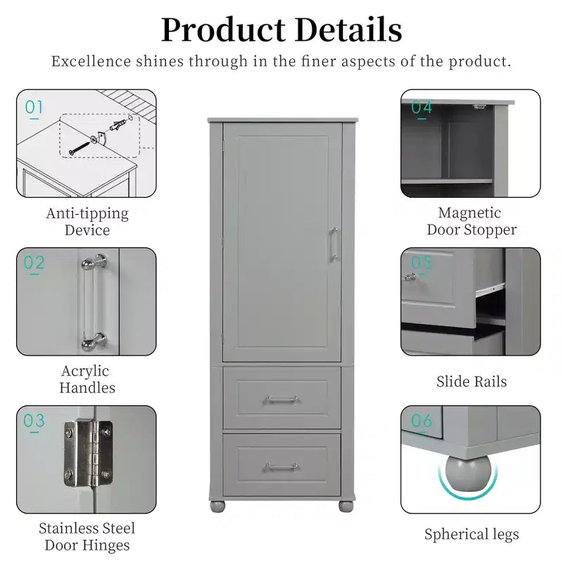 Whisen Tall Bathroom Storage Cabinet, Freestanding Storage Cabinet with Two Drawers and Adjustable Shelf