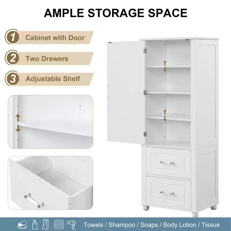 Whisen Tall Bathroom Storage Cabinet, Freestanding Storage Cabinet with Two Drawers and Adjustable Shelf