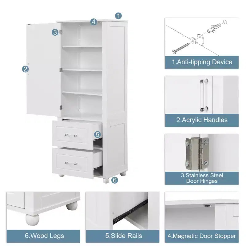 Whisen Tall Bathroom Storage Cabinet, Freestanding Storage Cabinet with Two Drawers and Adjustable Shelf