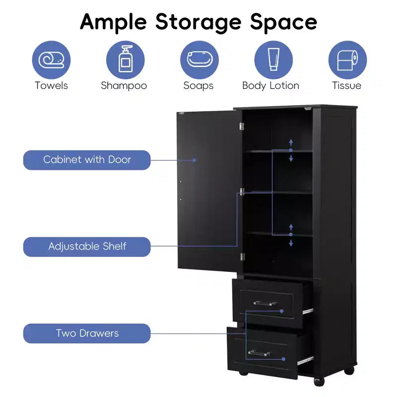 Whisen Tall Bathroom Storage Cabinet, Freestanding Storage Cabinet with Two Drawers and Adjustable Shelf