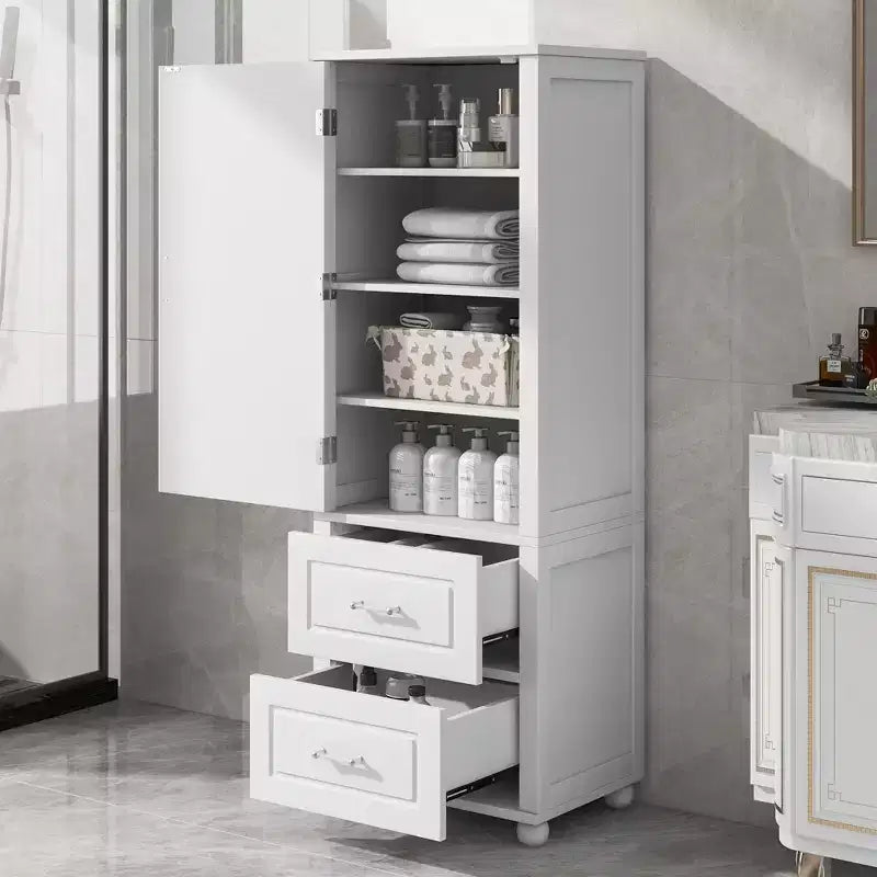 Meuble de rangement haut de salle de bain Whisen, meuble de rangement sur pied avec deux tiroirs et étagère réglable