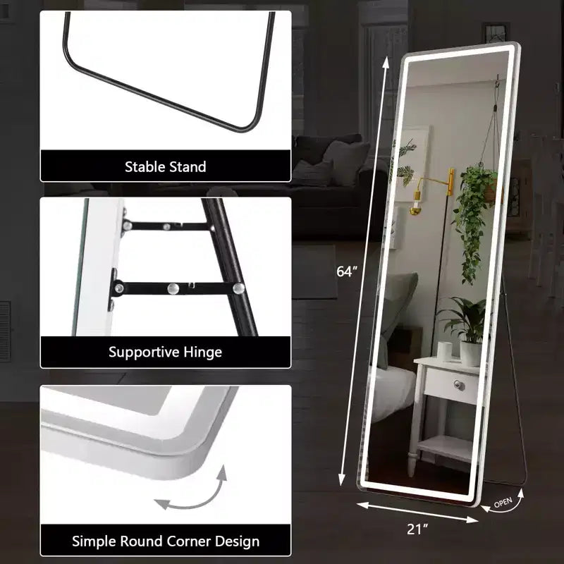 Floor Standing Illuminated Mirror with 3-Color LED Light, Bracket Included