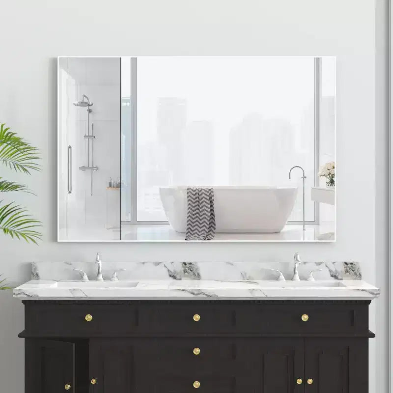 48x32 Modern White Frame Bathroom Mirror: Oversized, Aluminum, Wall Mounted, Vertical/Horizontal