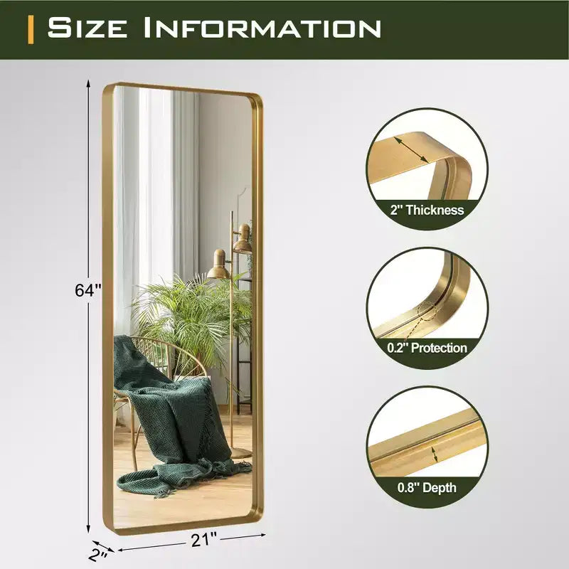 Aluminum Alloy Rounded Rectangle Faux Electroplated Floor Mirror, 162 x 53 x 5 cm (Deep Mirror - Bracketless)
